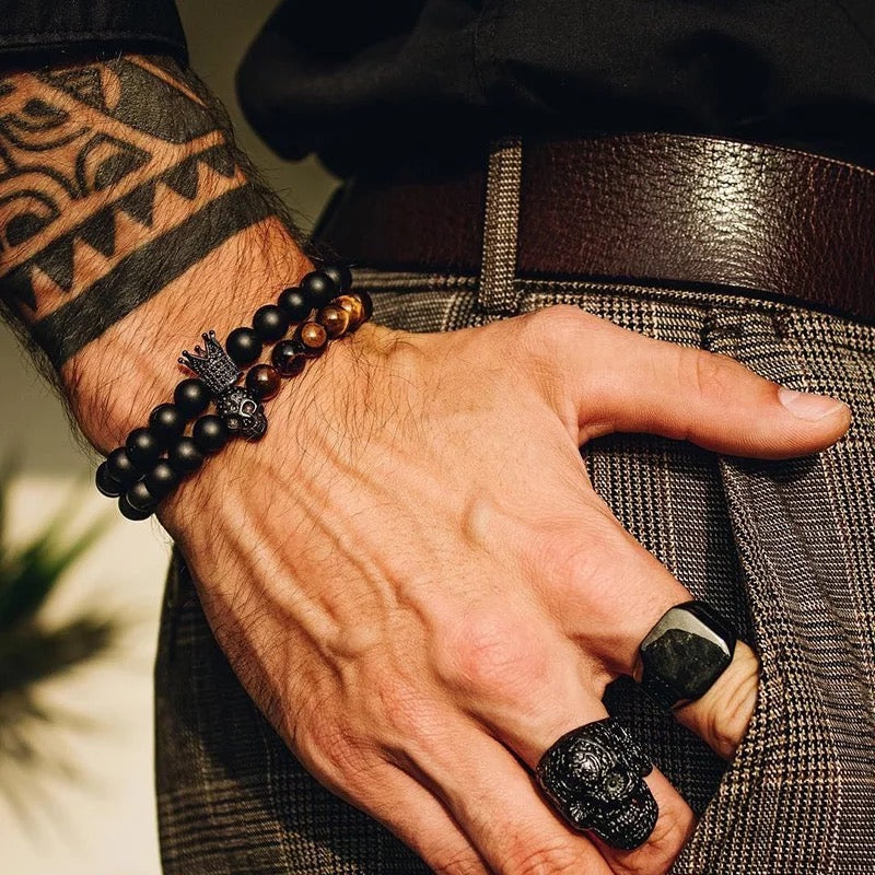 SET DE PULSERAS UNISEX | SKULL ONYX TIGER EYE