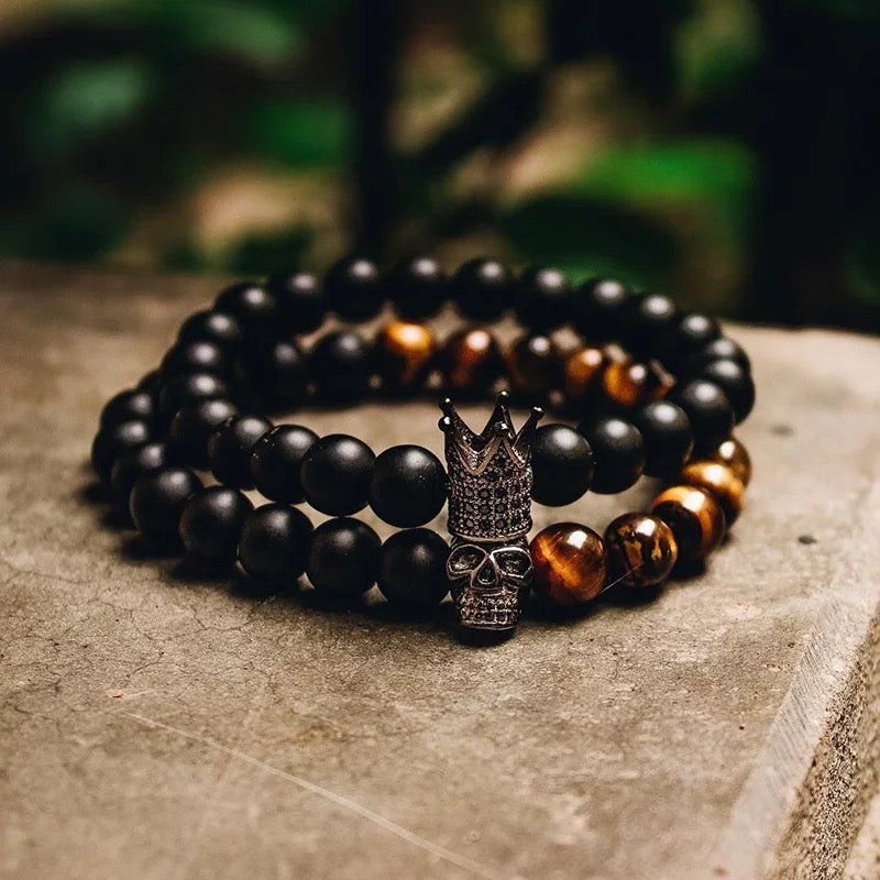 SET DE PULSERAS UNISEX | SKULL ONYX TIGER EYE