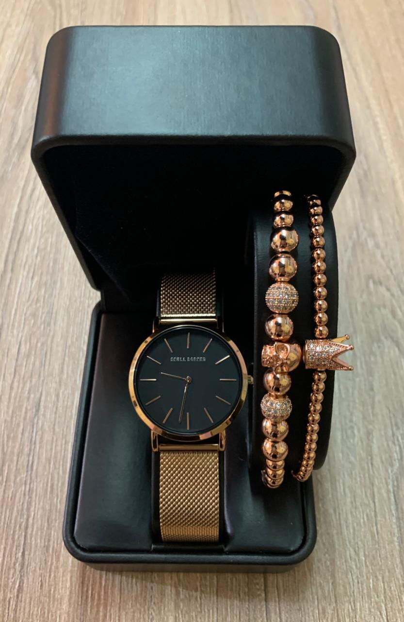 SET DE RELOG Y PULSERAS PARA DAMA | DÚO ROSE GOLD BLACK SKULL
