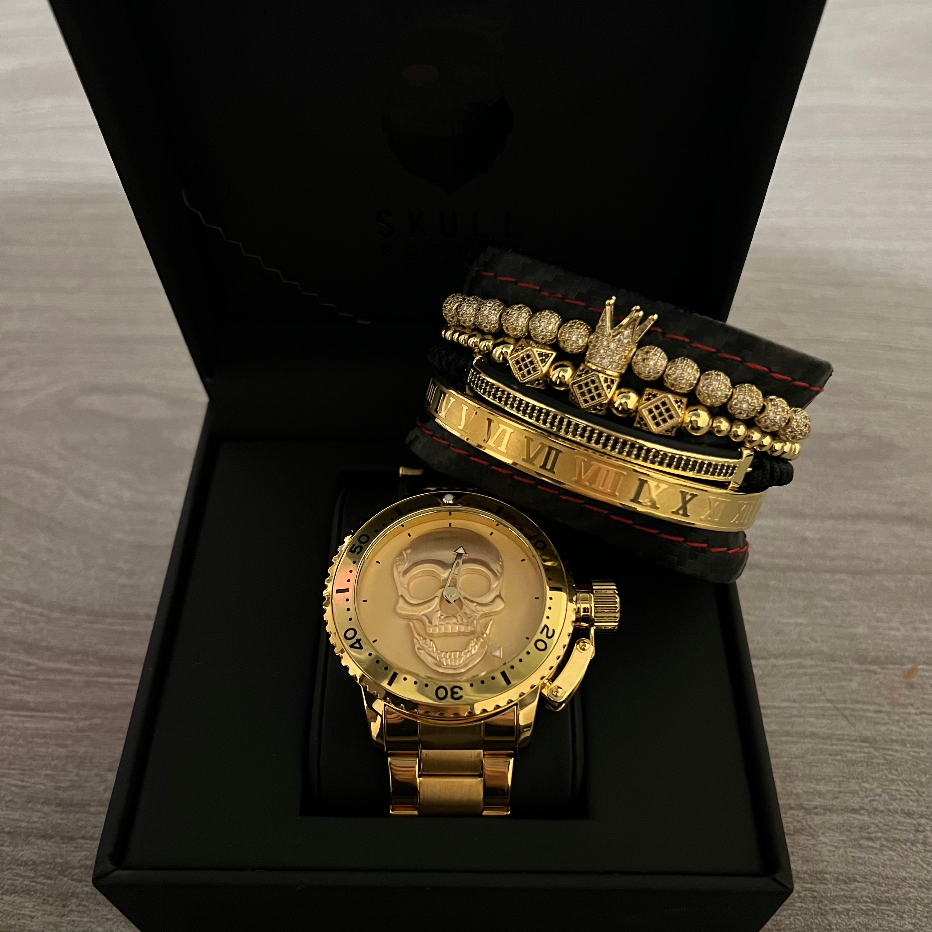 SET DE RELOJ Y PULSERA PARA HOMBRE | DÚO GOLD ROCK SKULL