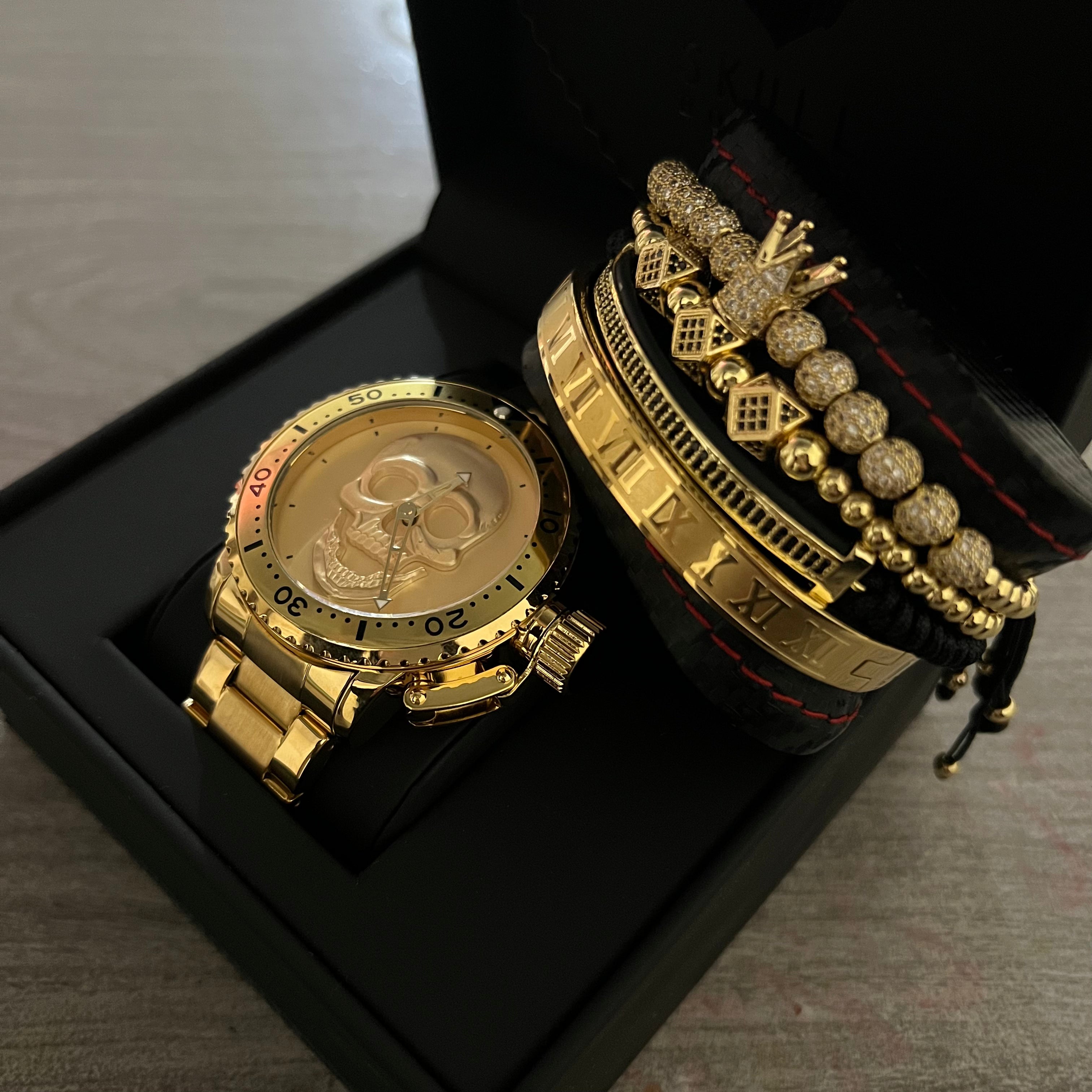 SET DE RELOJ Y PULSERA PARA HOMBRE | DÚO GOLD ROCK SKULL