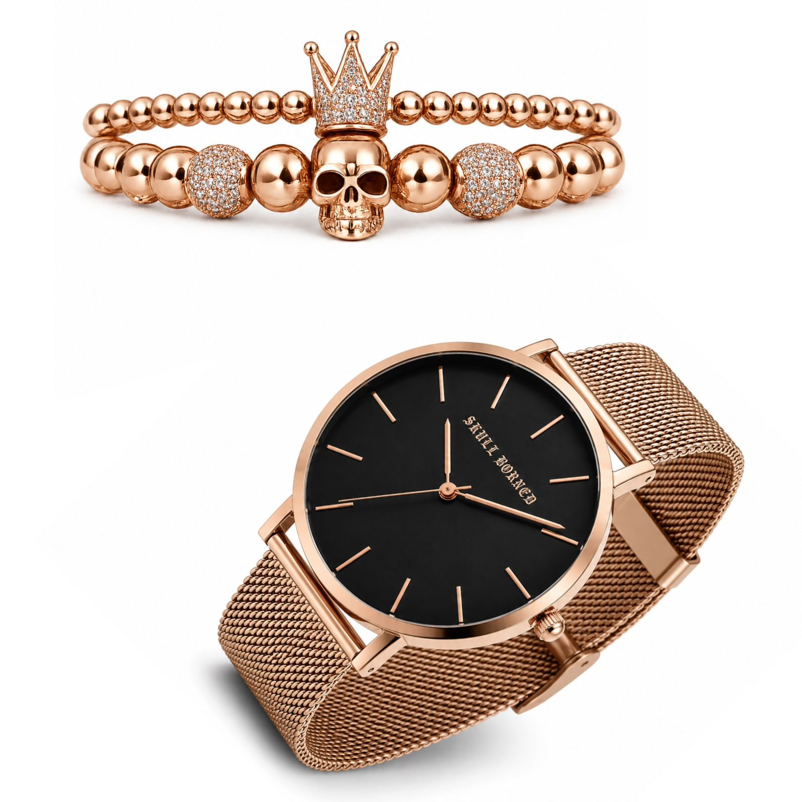 SET DE RELOJ Y PULSERAS PARA DAMA | DÚO ROSE GOLD BLACK SKULL