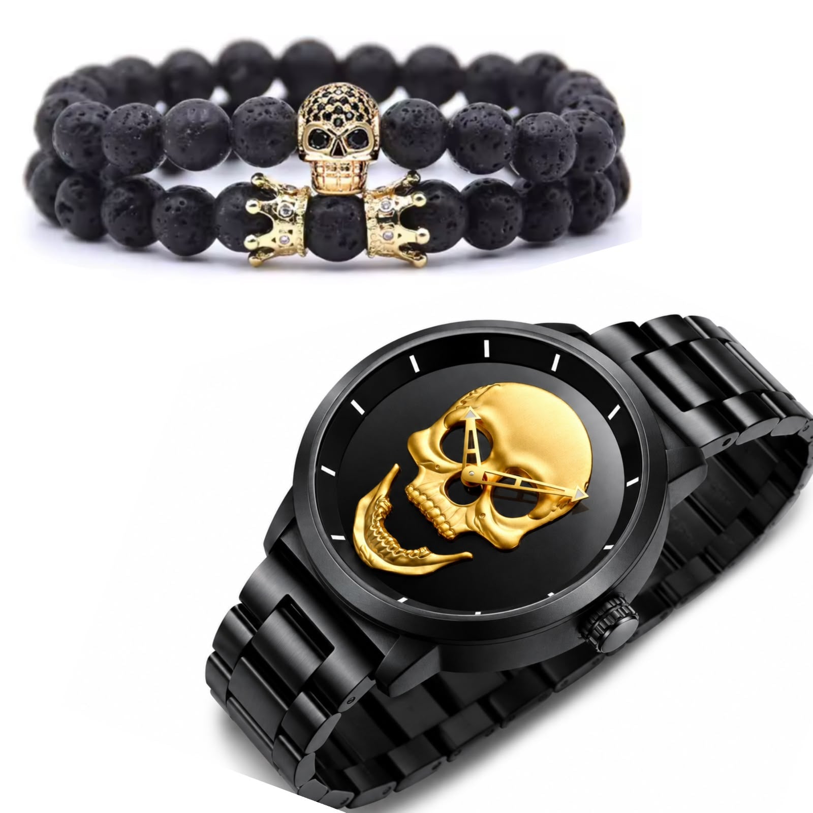 RELOJ Y PULSERA UNISEX | DÚO  MEN GOLDEN SKULL