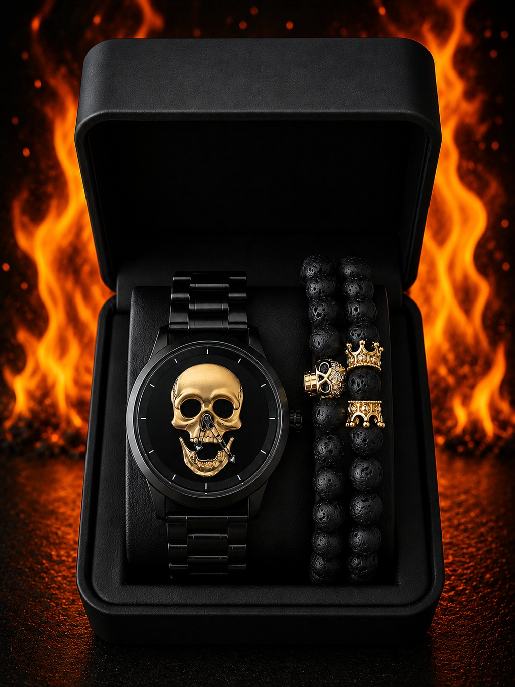 RELOJ Y PULSERA UNISEX | DÚO  MEN GOLDEN SKULL