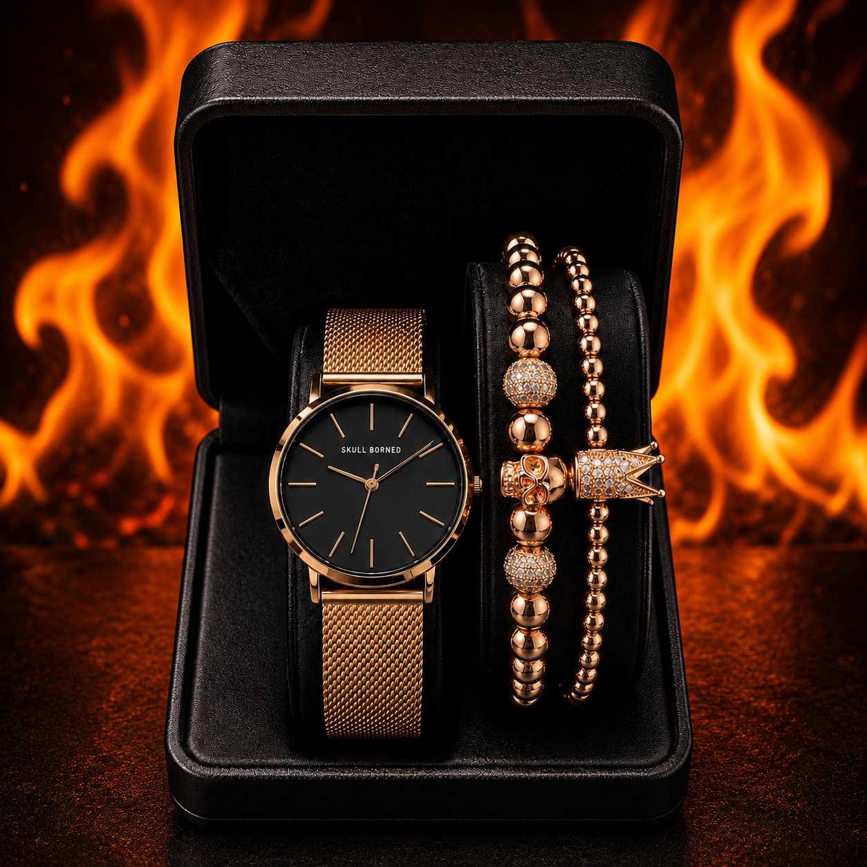 SET DE RELOJ Y PULSERAS PARA DAMA | DÚO ROSE GOLD BLACK SKULL