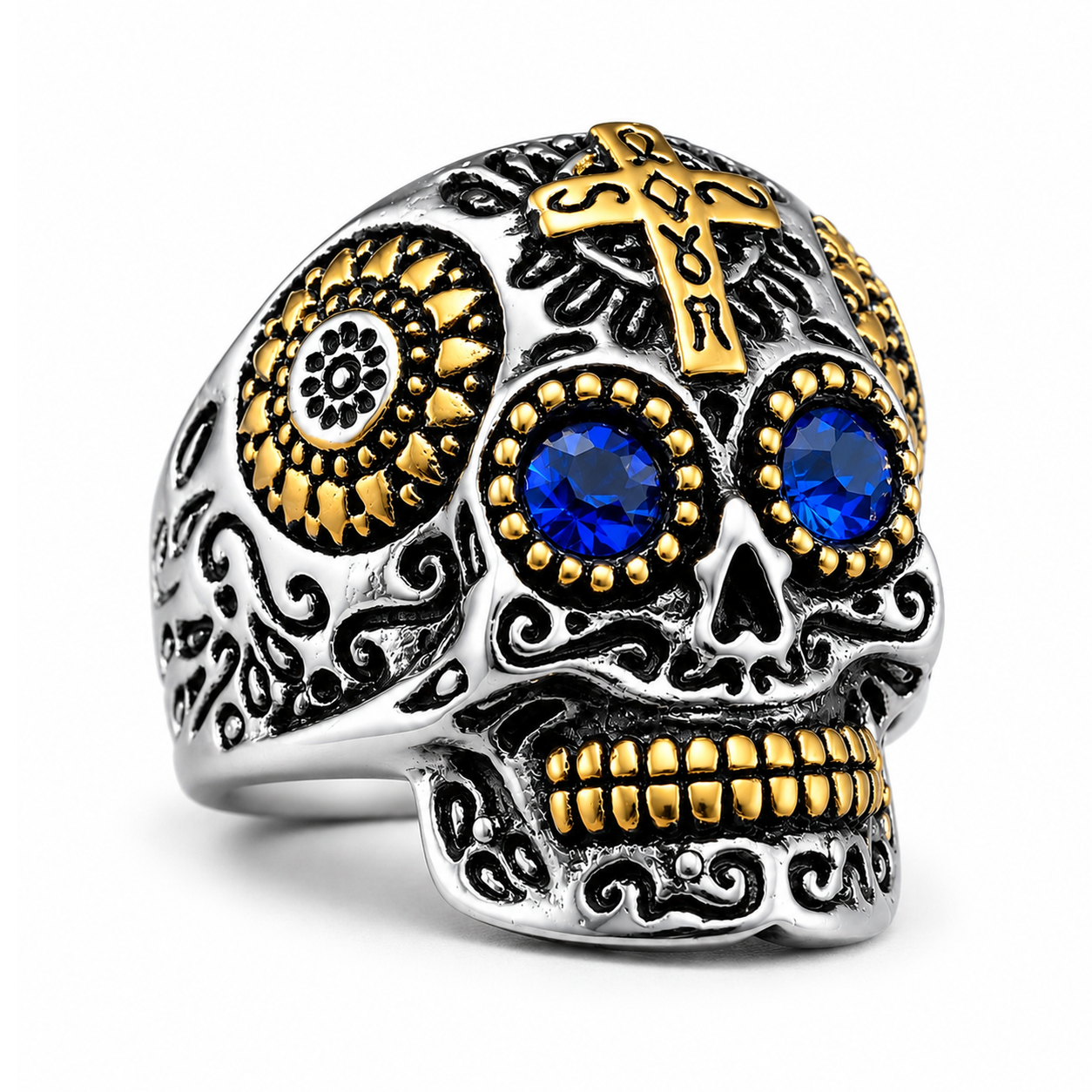 Anillo de calavera Crusader Blue en acero inoxidable 316L — Skullborned