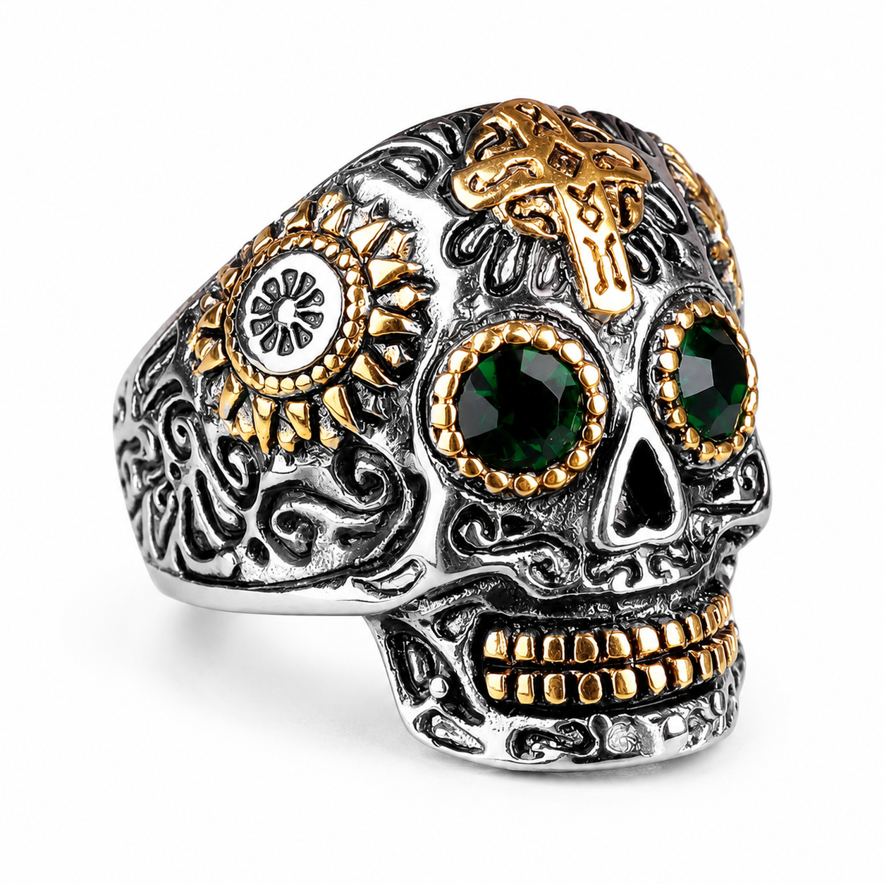 Anillo de calavera Crusader Green en acero inoxidable 316L — Skullborned