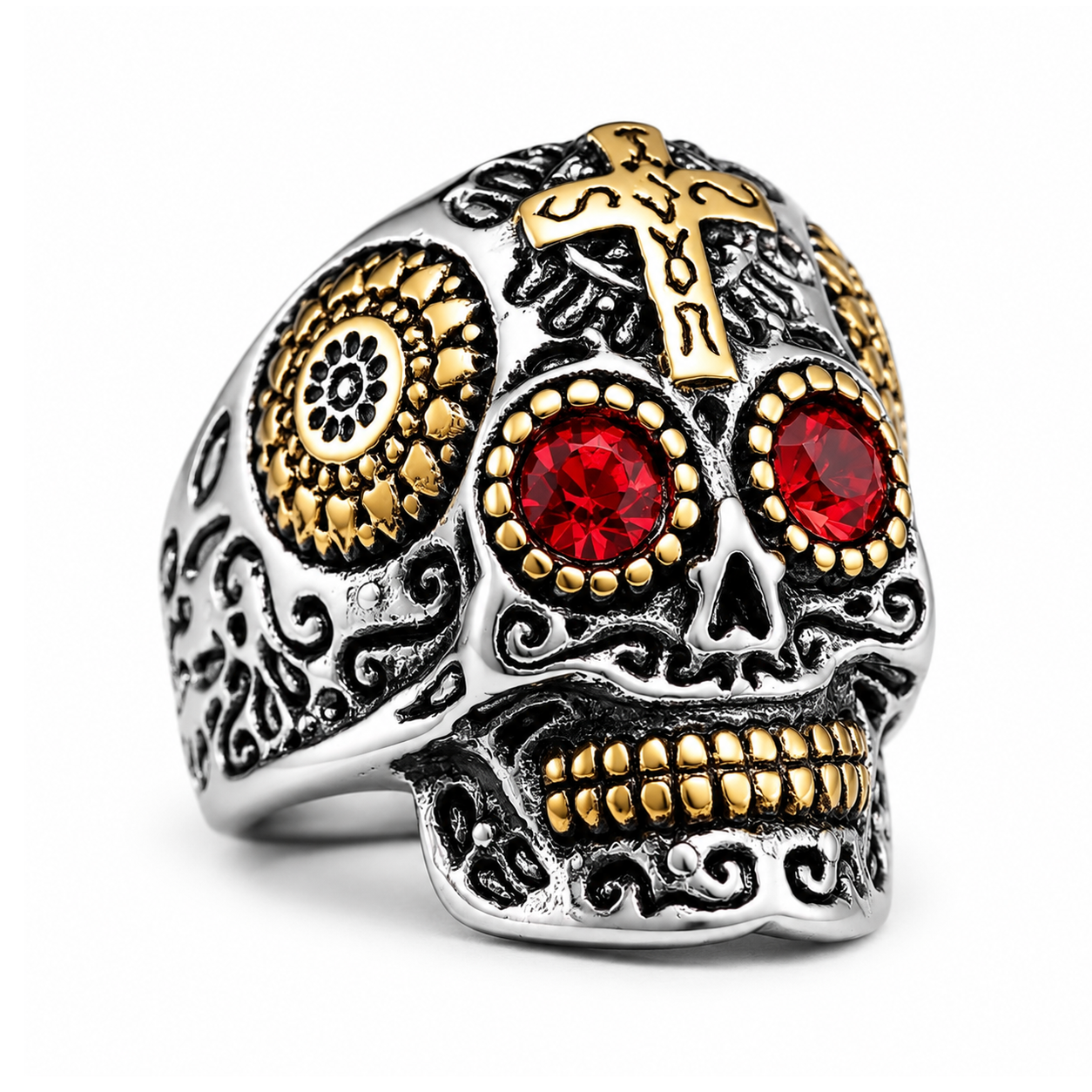 Anillo de calavera Crusader Red en acero inoxidable 316L — Skullborned