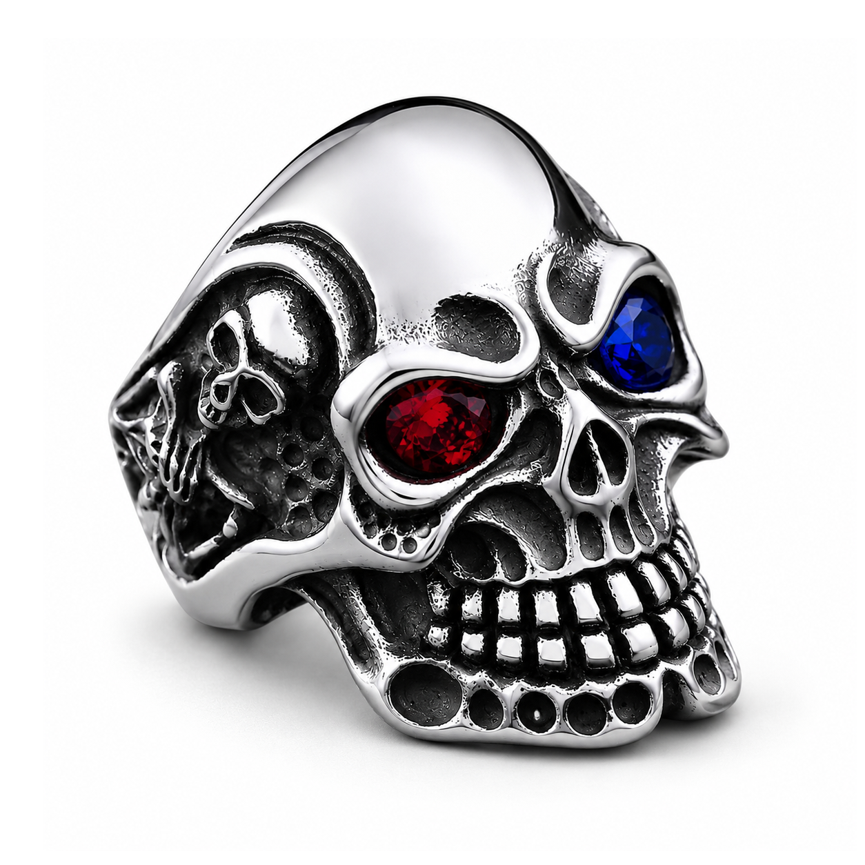 Anillo de calavera Reaper Blue Red en acero inoxidable 316L — Skullborned