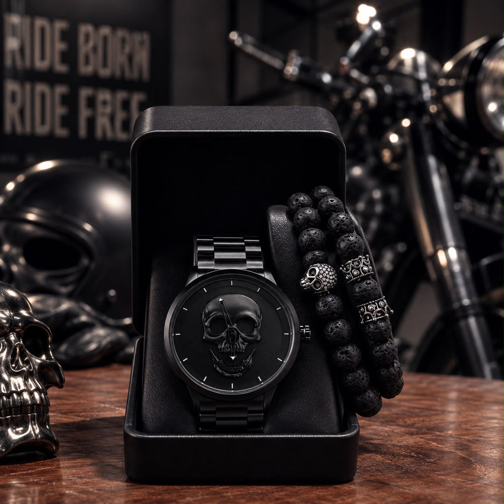 RELOJ Y PULSERA UNISEX | DÚO MEN BLACK SKULL
