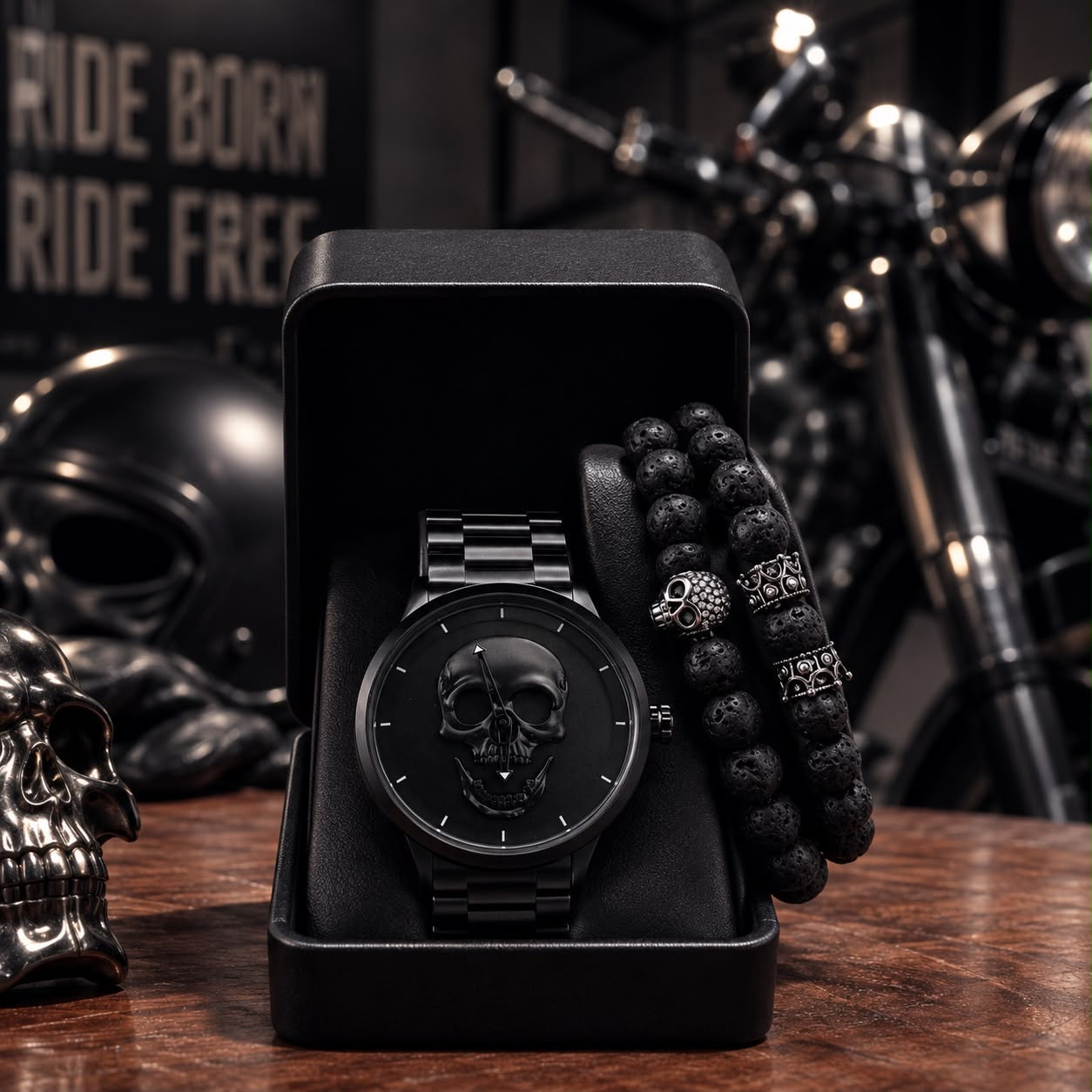 RELOJ Y PULSERA UNISEX | DÚO MEN BLACK SKULL
