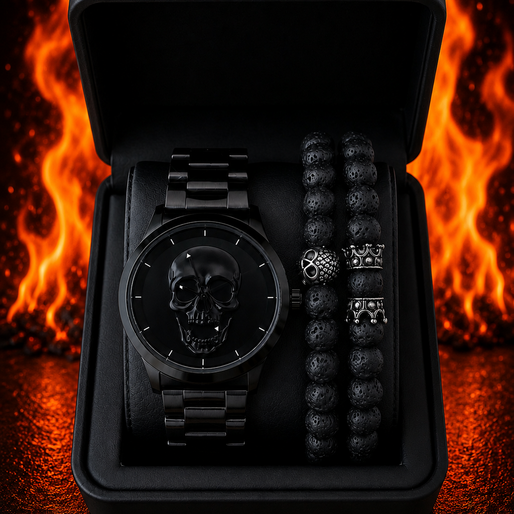 RELOJ Y PULSERA UNISEX | DÚO MEN BLACK SKULL