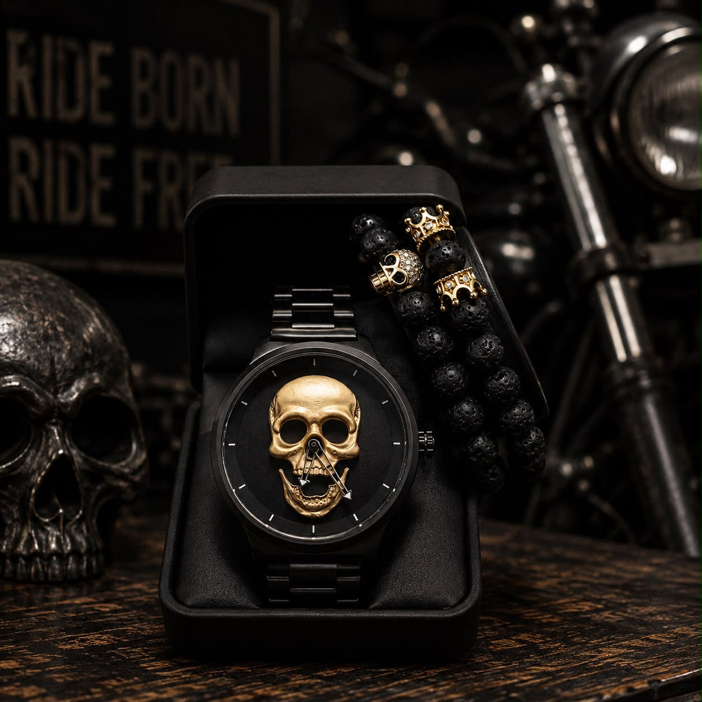 RELOJ Y PULSERA UNISEX | DÚO MEN GOLDEN SKULL