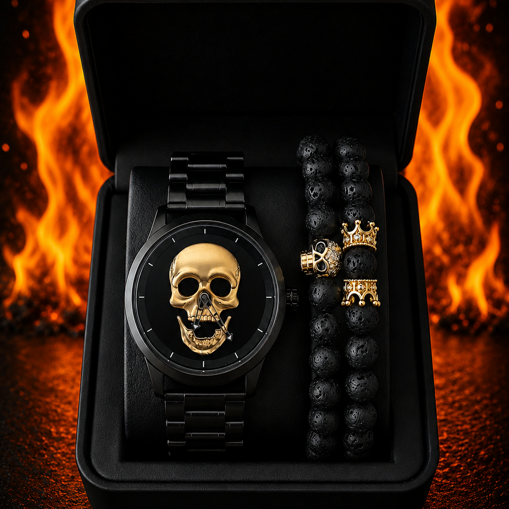 RELOJ Y PULSERA UNISEX | DÚO MEN GOLDEN SKULL